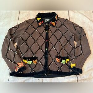 Berek Cardigan Fall Sweater Brown Beaded Medium  Thanksgiving Grannycore Vtg